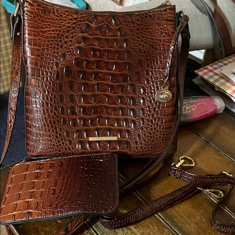 Brahmin Croc-Embossed Leather Crossbody in Chestnut Brown